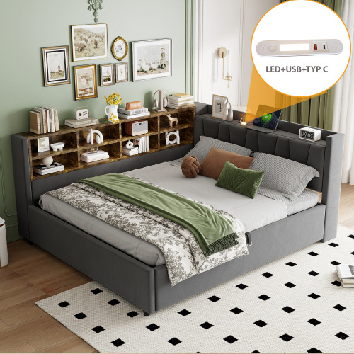 Multi-functional Double Bed with Storage Space and LED Lights