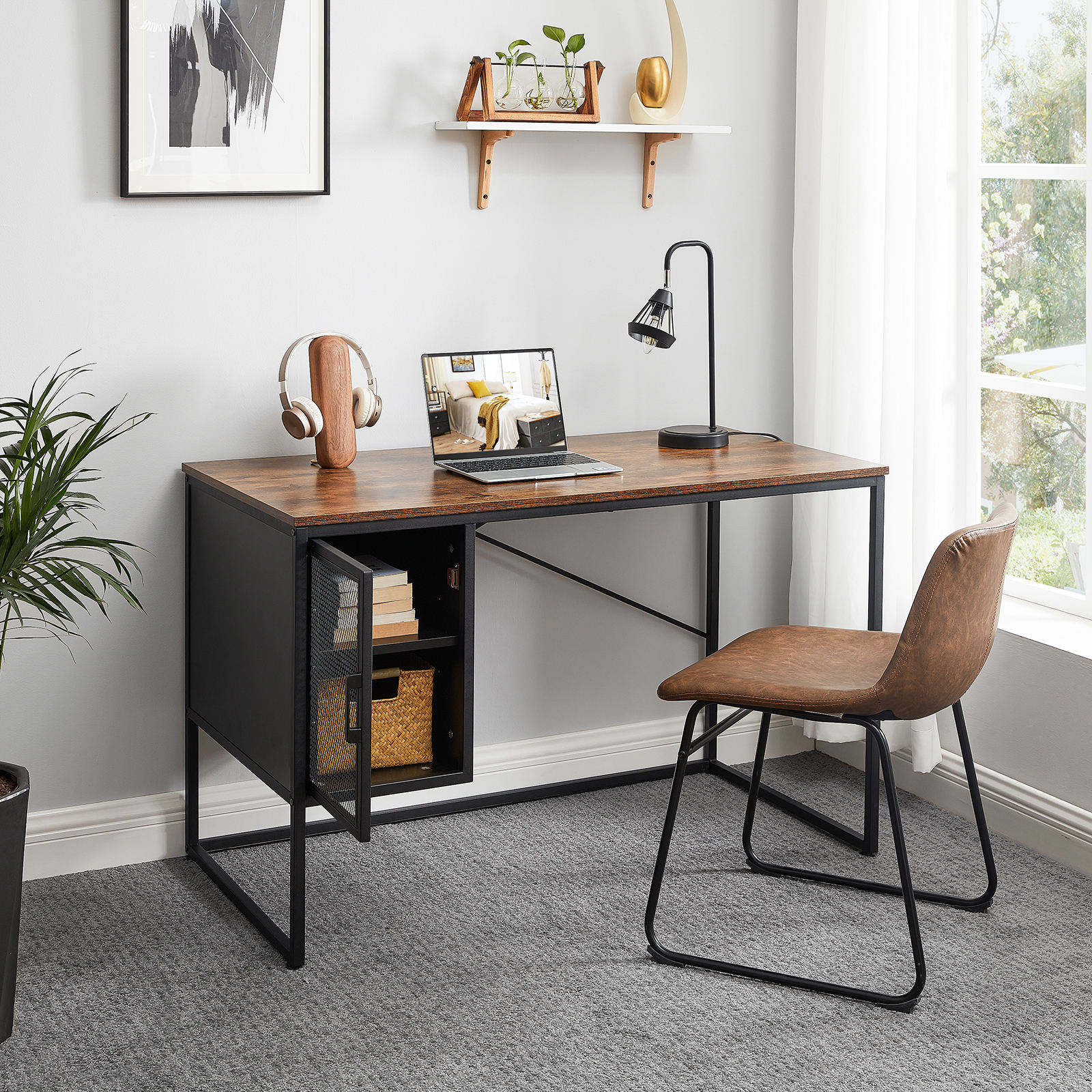 Industrial Bedroom Living Room Mesh Door Cabinet and Adjustable Shelf Writing Desk Wooden Black Computer Desk
