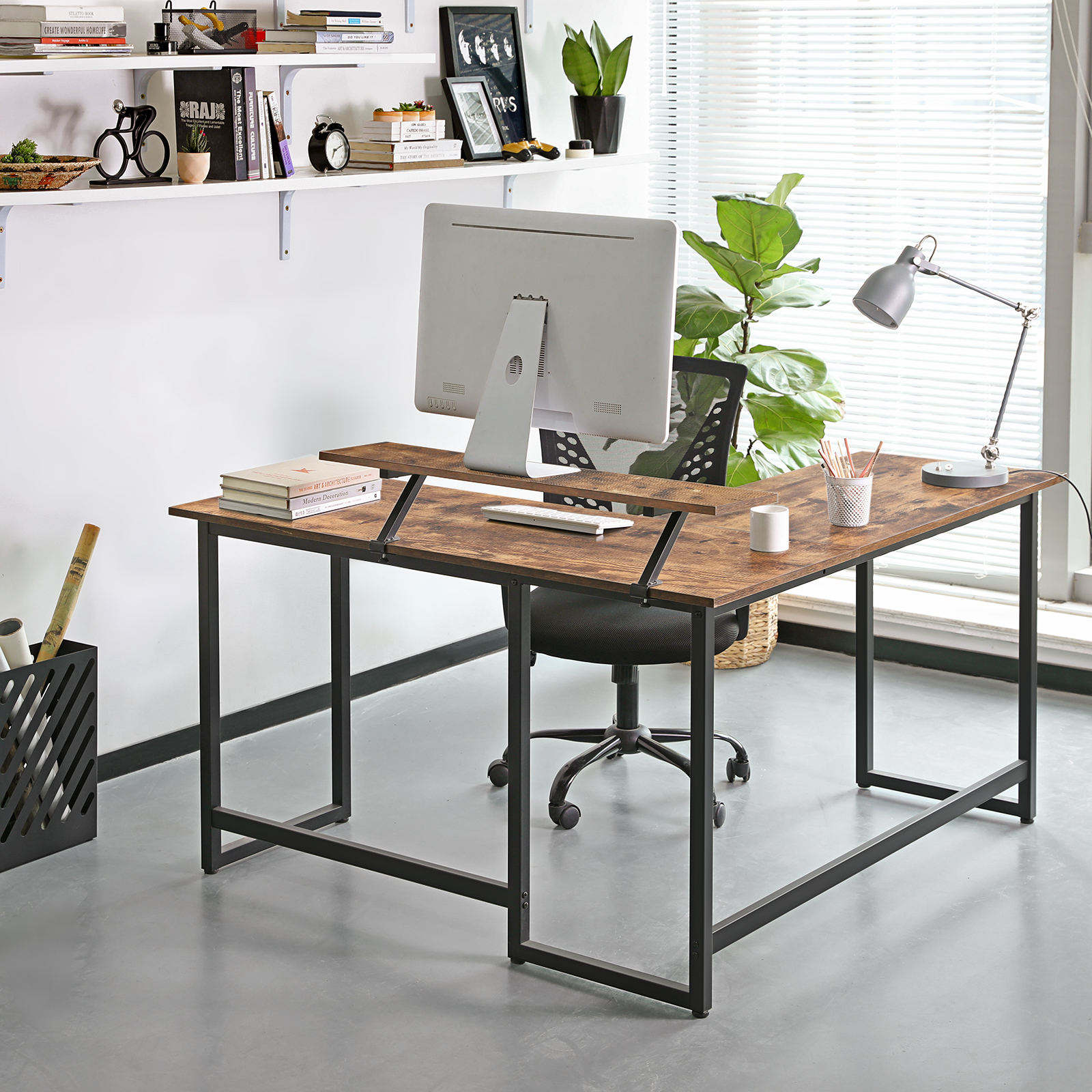 Modern Living Room and Bedroom Easy to Assemble L-shaped Computer Desks with Screen Stands to Save Space