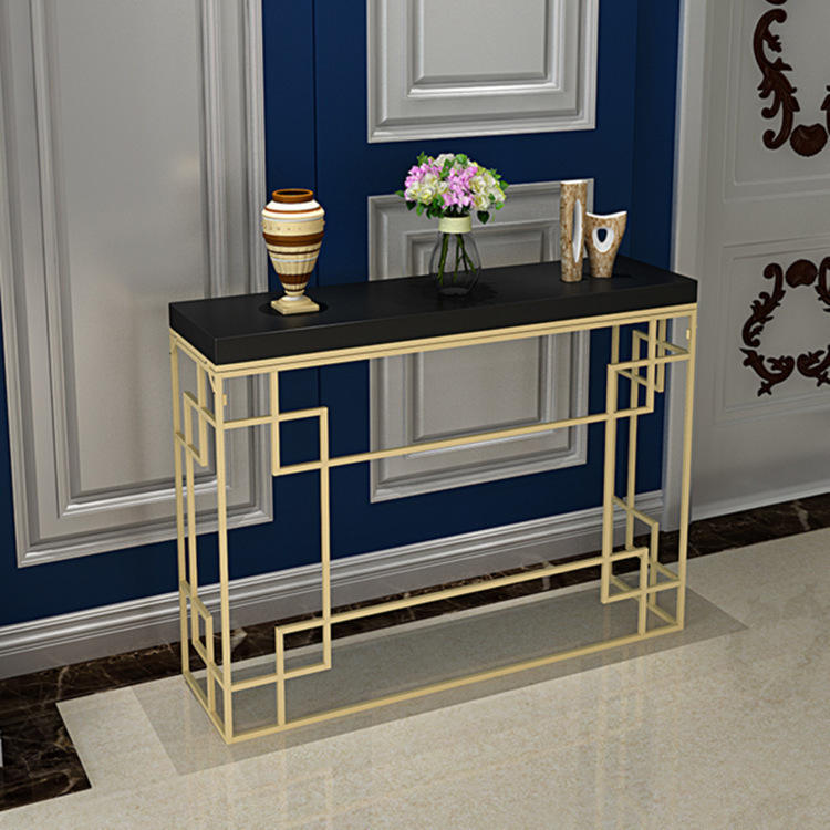 Cheap Modern Hallway Entryway Living Room Furniture Metal Black Wooden Top Console Table with Storage Shelf Wrought Iron MDF