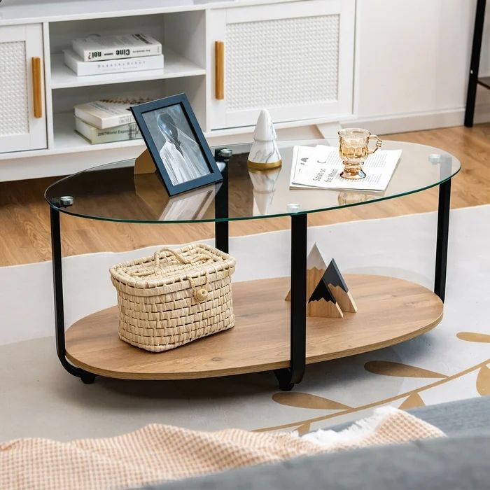 Hanshaw 2 Layers Storage Coffee Tables of Living Room Glass Coffee Table Furniture