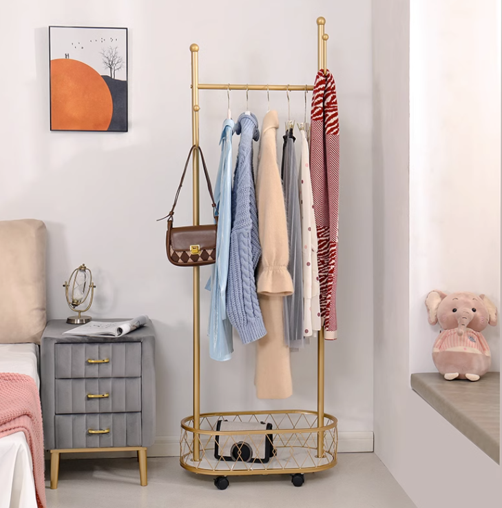 Clothes Hanger Rolling Cart Coat Rack Double Pole Hanger Storage Clothing Drying Racks Standing Trolley Coat Rack