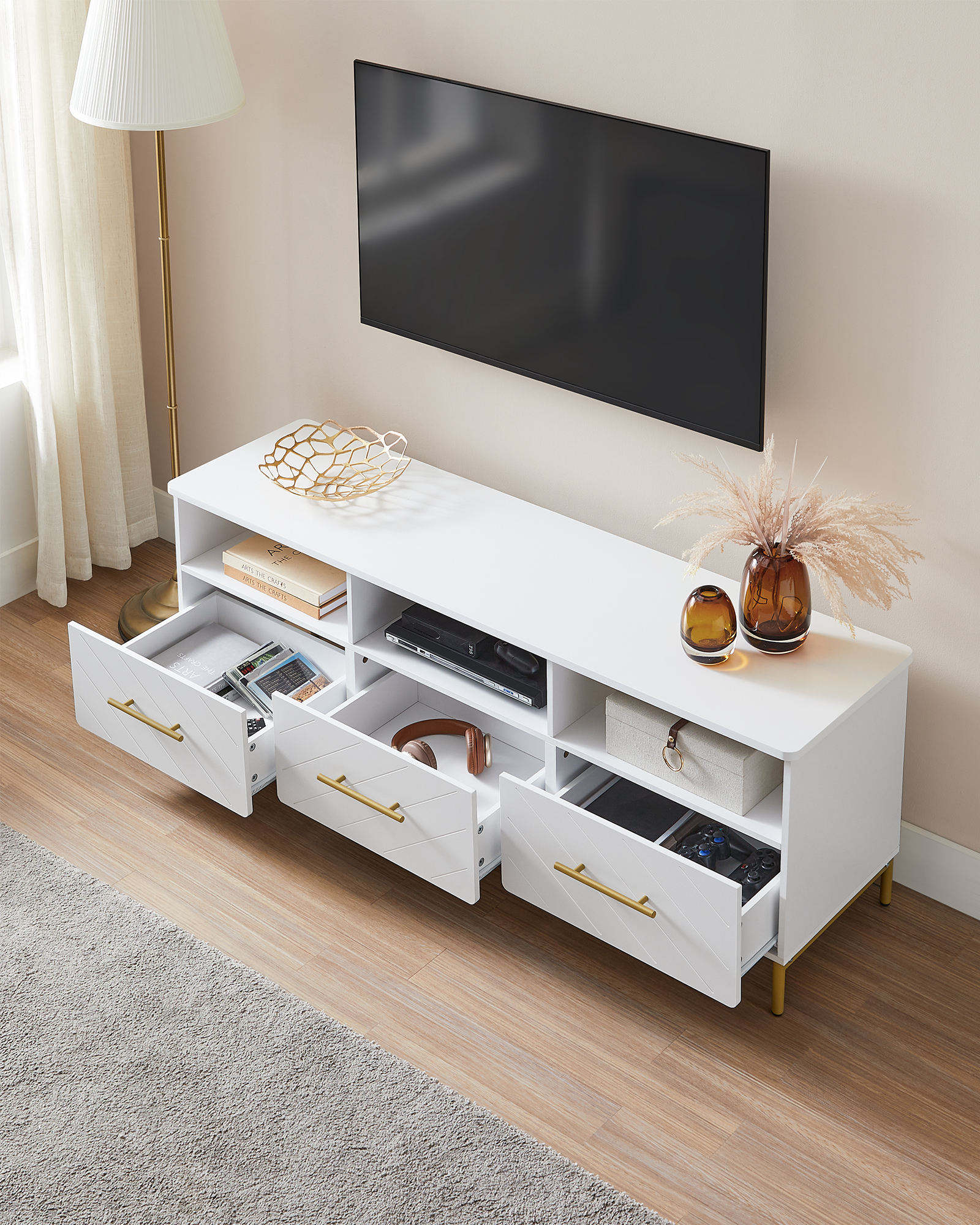 Living Room Modern Luxury TV Cabinet with 3 Drawers and 3 Open Compartments