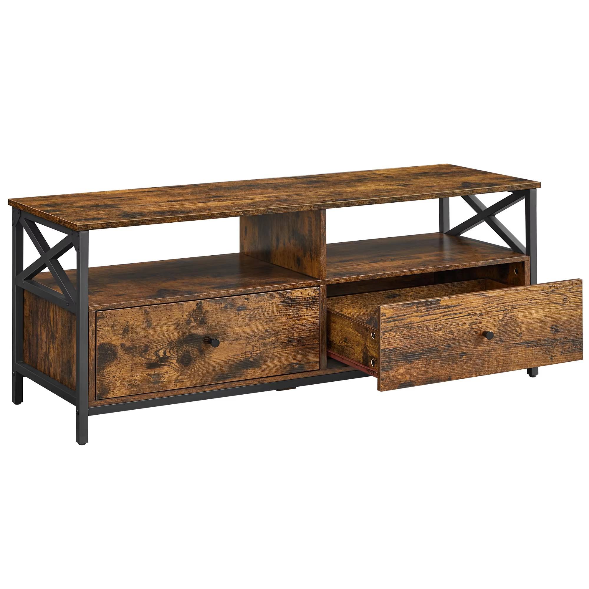 Living Room Farmhouse Retro Industrial Minimalist Wooden TV Cabinet with 2 Drawers and 2 Open Compartments