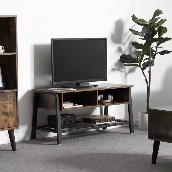 A Wooden TV Table with a Retro Classic Design Featuring a Divider, a Metal Mesh, and Two Open Storage Compartments