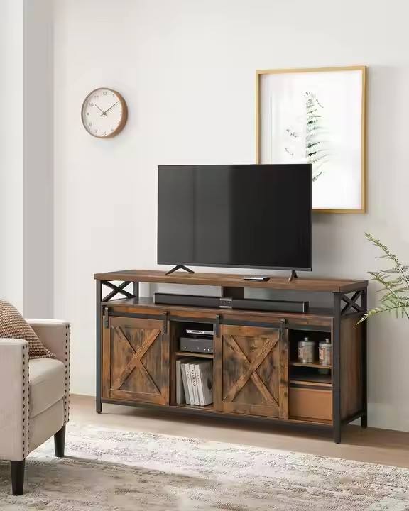 Industrial-style Wooden Retro TV Table with Adjustable Shelves and Barn-style Doors