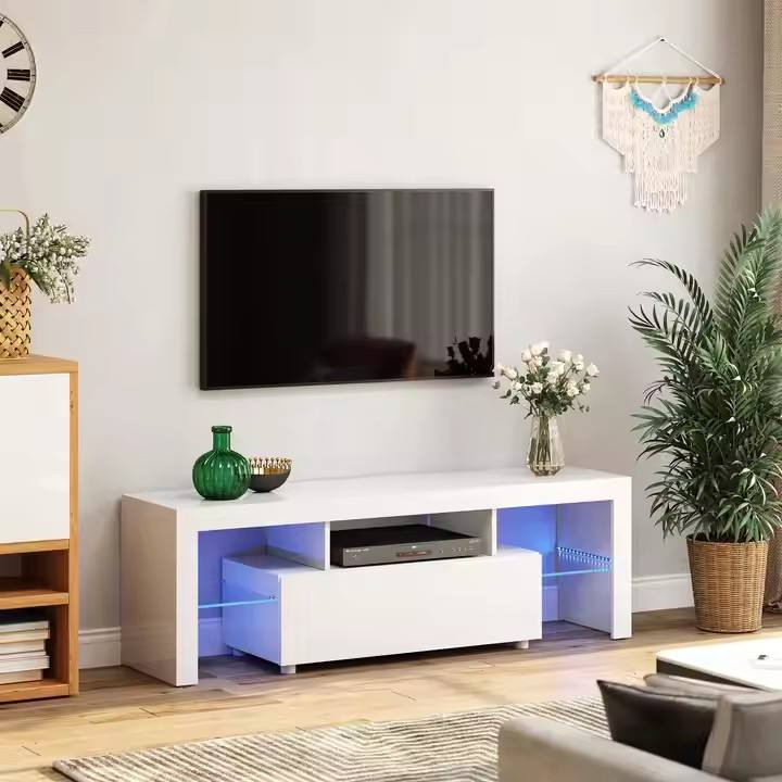 The Living Room Features Modern Multi-functional Design, Equipped with Luxurious LED Lighting and Glass Partitioned TV Cabinets.