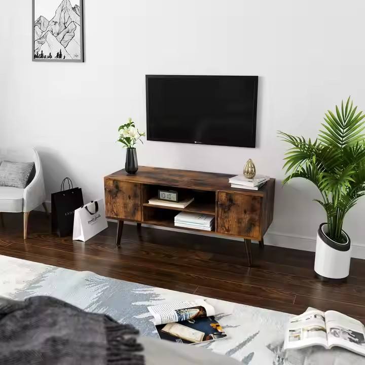 Retro New Design Living Room - Nordic Style Wooden TV Cabinet with Storage Shelves and 2 Cabinet Doors