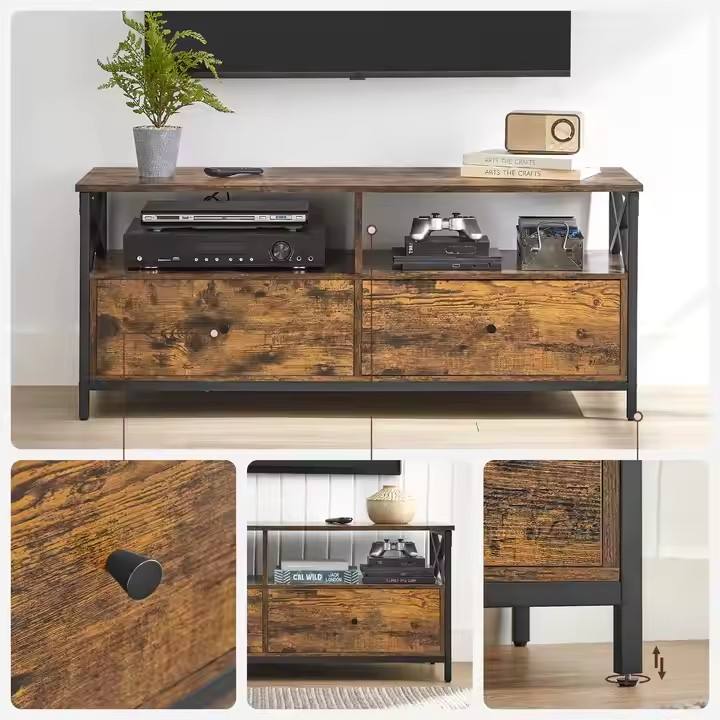 Living Room Bedroom Vintage Metal Frame with 2 Drawers and 2 Open Shelves TV Cabinet