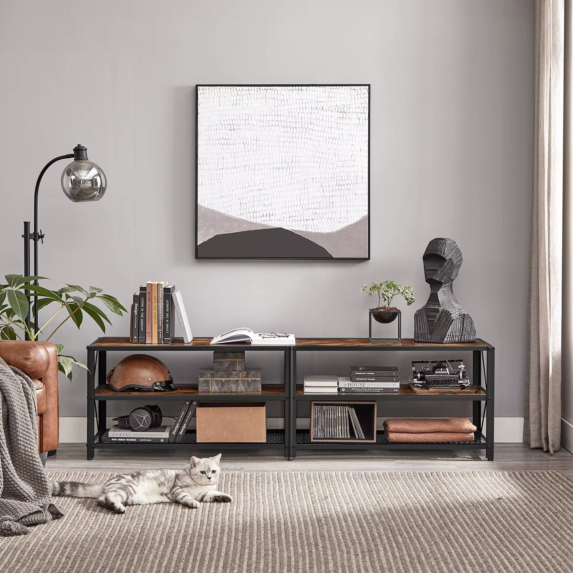 Retro TV Cabinet for Living Room and Bedroom with Grid Storage Layers and Wooden Construction