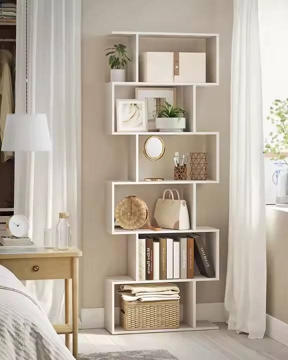 Modern Design Living Room and Study S-shaped 6-layer Wooden High Bookshelf Solid Wood Bookshelf Display Stand