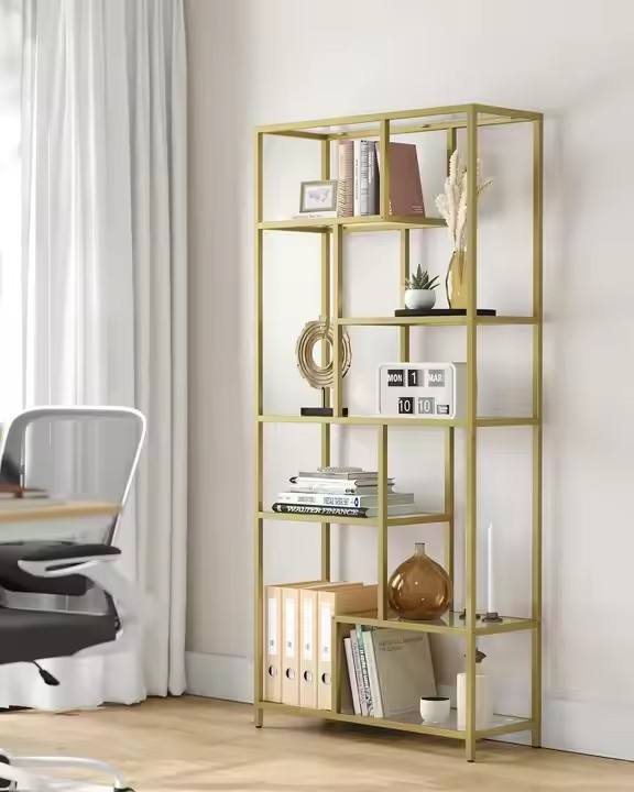 Modern Home Office 6-story Glass Bookshelf with Metal Frame Display Stand